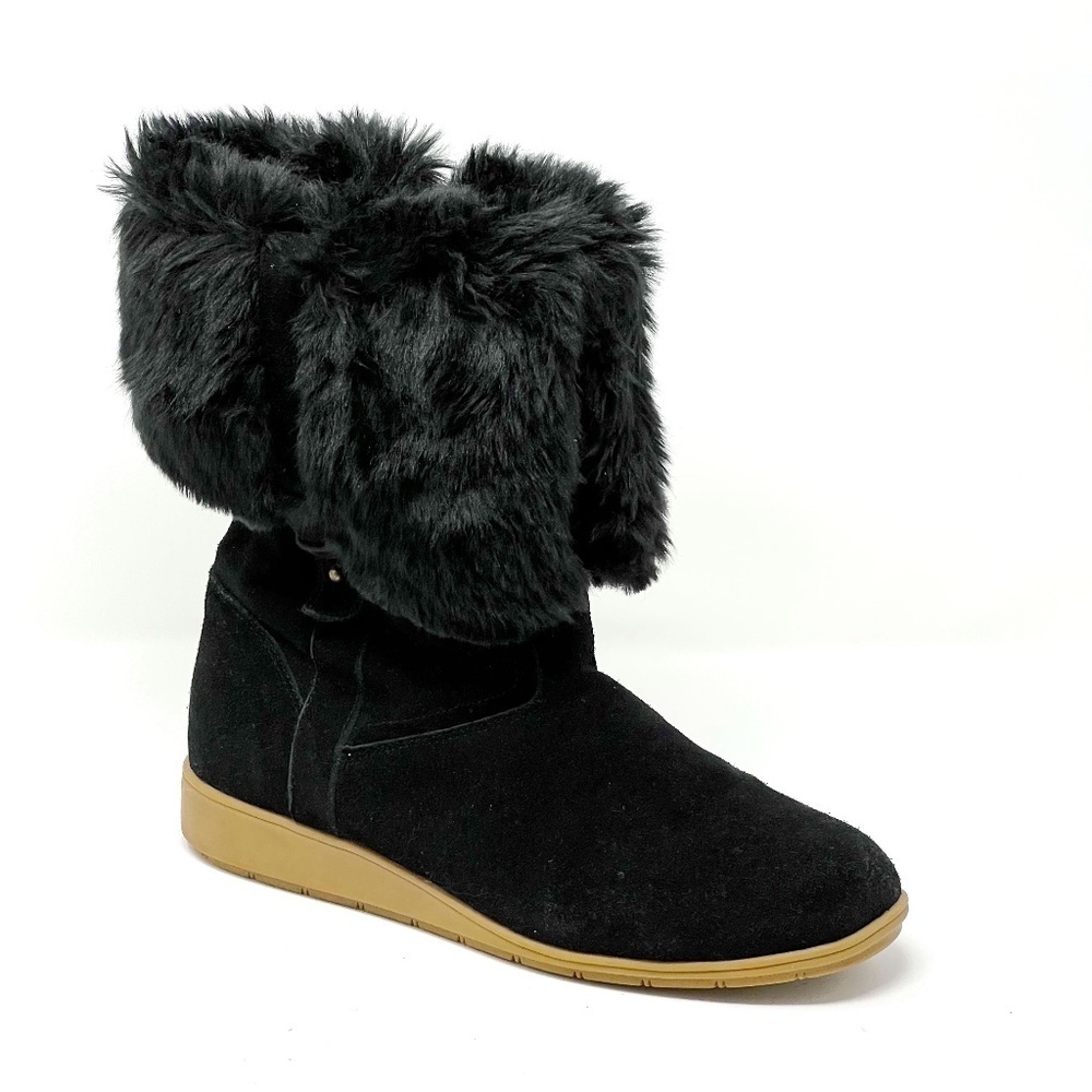 Lands' End Boots Women's Size 9 Black Mendota Suede Fur Lined Moccasin Bootie
